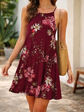 Women's Small Floral Swing Dress in Burgundy - Sleeveless Summer Dress